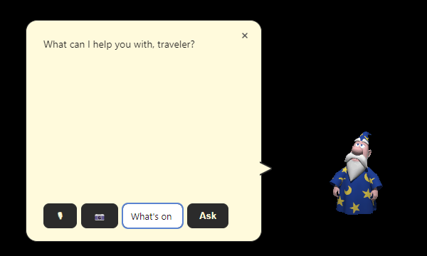 Merlin floating on the desktop with a yellow speech bubble asking "What can I help you with, traveler?"