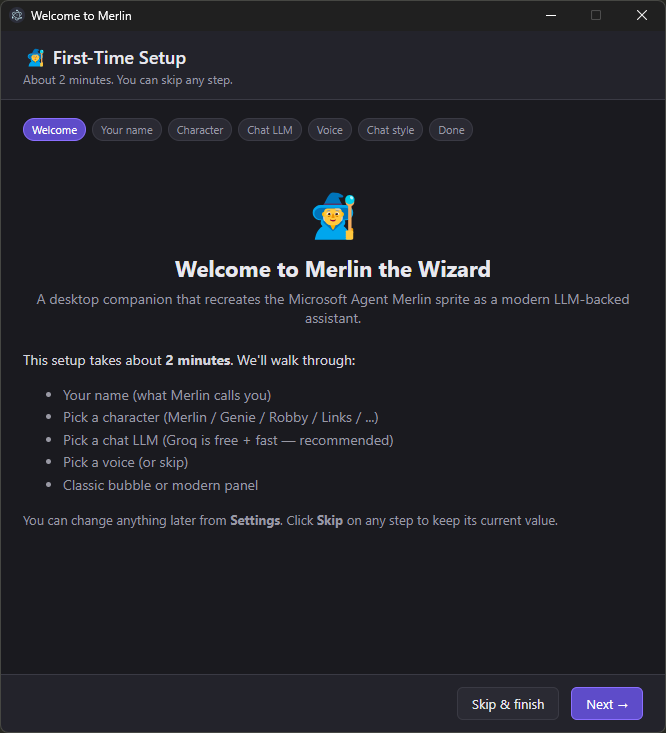 Merlin First-Time Setup Wizard welcome screen